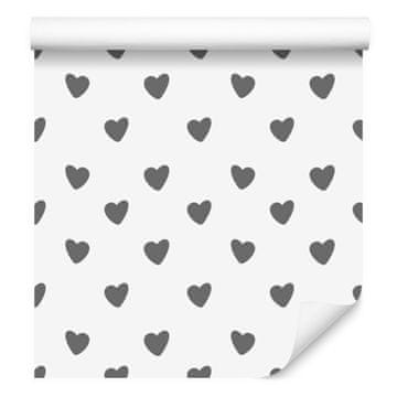 Tapeta s srčki v beli, sivi in svetlo sivi barvi 50x1000 cm