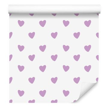Tapeta s srčki v beli, sivkini, vijolični in svetlo sivi barvi 50x1000 cm