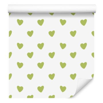 Tapeta s srčki v beli, kremni, limetini in bež barvi 50x1000 cm