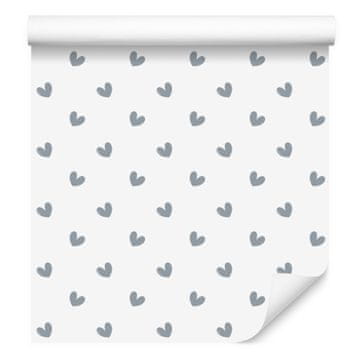Tapeta s srčki v beli, svetlo sivi in sivi barvi 50x1000 cm