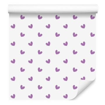 Tapeta s srčki v beli, vijolični, sivkini in svetlo sivi barvi 50x1000 cm