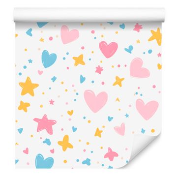 Tapeta Love Bela, pudrasto roza, kremna in azurna 50x1000 cm