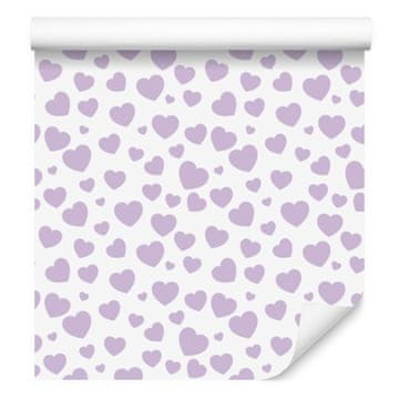 Tapeta s srčki v beli, sivkini in svetlo sivi barvi 50x1000 cm