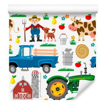 Tapeta s traktorji in domačimi živalmi za dnevno sobo in spalnico 50x1000 cm