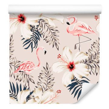 Tapeta s flamingi, listi in cvetjem za dnevno sobo in spalnico 50x1000 cm