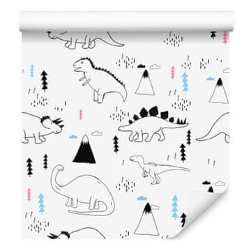 Fototapeta dinozavri oblaki, gore in drevesa za dnevno sobo in spalnico 50x1000 cm