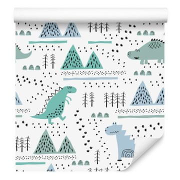 Fototapeta z dinozavri, drevesi in gorami za dnevno sobo in spalnico 50x1000 cm