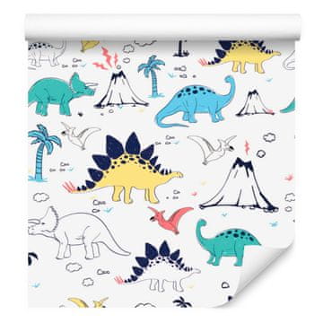 Fototapeta z dinozavri in palmami ter vulkani za dnevno sobo in spalnico 50x1000 cm