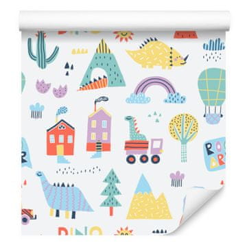 Fototapeta Barviti dinozavri Gore in drevesa za dnevno sobo in spalnico 50x1000 cm