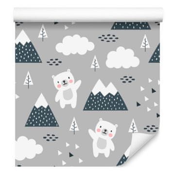 Tapeta s plišastimi medvedki med oblaki in gorami za dnevno sobo in spalnico 50x1000 cm