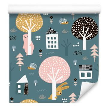 Tapeta z medvedki, drevesi in rastlinami za dnevno sobo in spalnico 50x1000 cm