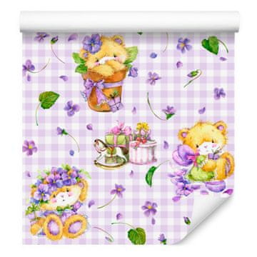 Karirasta tapeta z medvedki in rožami ter listi za dnevno sobo in spalnico 50x1000 cm