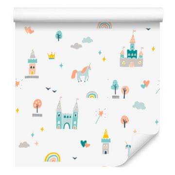 Tapeta s pravljičnim gradom in samorogi za dnevno sobo in spalnico 50x1000 cm
