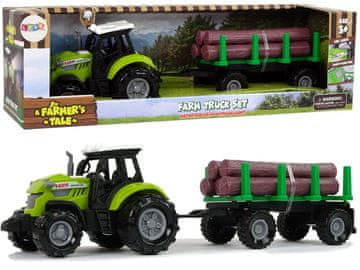 slomart LEAN TOYS Zeleni traktor s prikolico in lesenimi poleni, zvok