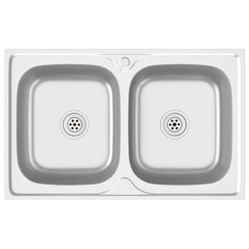 Vidaxl Dvojno kuhinjsko pomivalno korito srebrno 800x500x155 mm
