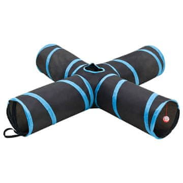 Vidaxl Mačji tunel 4-smerni črno-moder 132 cm poliester