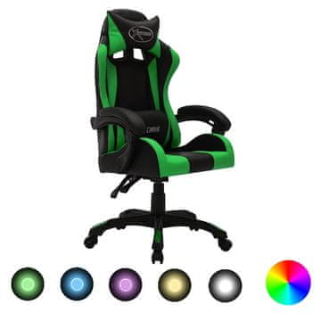 Vidaxl Racing stol z RGB LED lučkami zeleno in črno umetno usnje