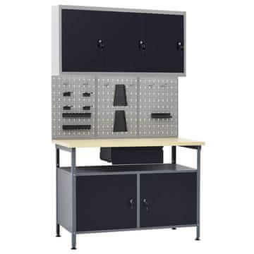 Vidaxl Delovna klop s tremi stenskimi paneli in eno omarico