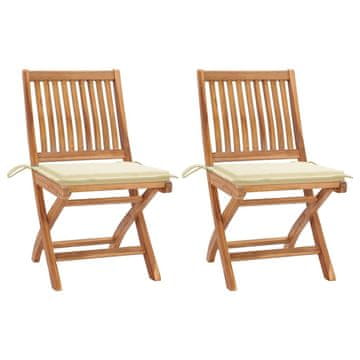 Vidaxl Zložljivi stoli 2 kosa s kremnimi blazinami iz masivnega tikovine