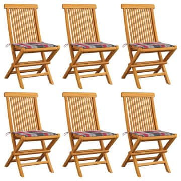 Vidaxl Zložljivi stoli z rdečimi karo blazinami, 6 kosov, masivni tikov les