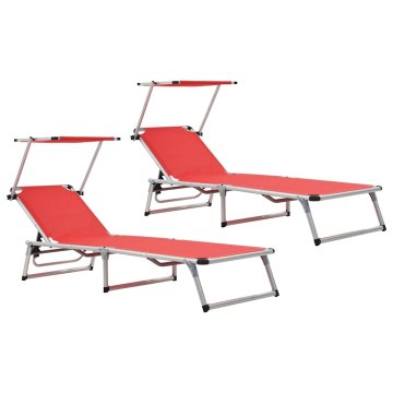 Vidaxl Zložljiv ležalnik s streho 2 kosa aluminij in tekstil rdeč