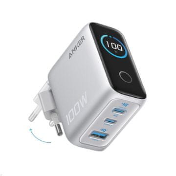 Anker 3-portni polnilec, 100W, GaN, Smart Display, srebrni (B121BG41)