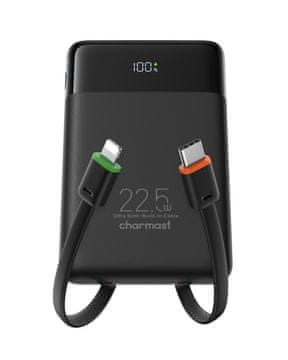 Charmast Powerbank Charmast W1202 PD3.0 3A 22,5 W 10.000 mAh z vgrajenimi kabli USB-C / Lightning, črn
