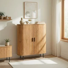 BE TRISH Visoka drsna komoda 100 cm hrastova z dvojimi vrati, utorjena, moderna