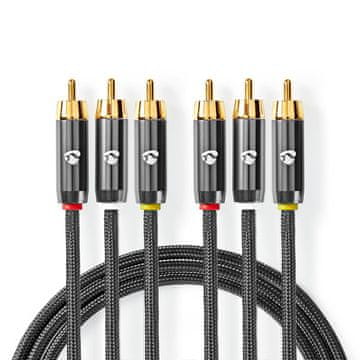 Nedis Kompozitni video kabel | 3x RCA moški | 3x RCA moški | Pozlačeno | 480p | 2,00 m | Okrogla | Bombaž | Antracit/siva s kovino | Škatla s pokritim oknom