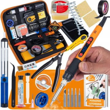 Rosfix Set Pro 80W LCD 17v1 - Komplet za spajkanje s talili, 5 konicami, sesalno šobo, pinceto, kleščami, etuijem, spajkalnikom in PDF navodili | 180–500 °C | RMA-223 | ZJ-18 | Rosin | ESD | Organizator