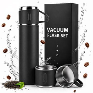 Termoska 500 ml + 3 skodelice Termo set iz nerjavečega jekla Turistično darilo ČRNE barve