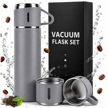 Termoska 500 ml + 3 skodelice Termo set iz nerjavečega jekla Turistično darilo SIVA