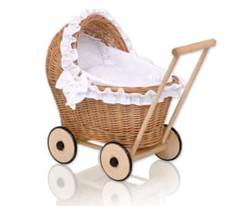 MY SWEET BABY Pleten voziček za punčke z belo posteljnino in mehko podlogo CHIARA - naravna barva