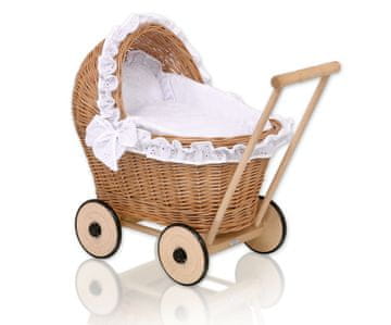 MY SWEET BABY Pleteni voziček za punčke AURORA z belo vezeno posteljnino in mehko podlogo - naravna barva