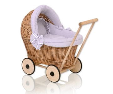 MY SWEET BABY Pleteni voziček za punčke STELLA s sivo posteljnino in mehko podlogo - naravna barva