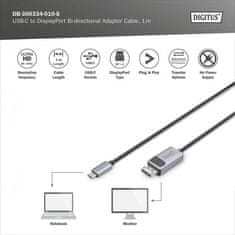 Digitus dvosmerni adapterski kabel USB tipa C na DisplayPort DisplayPort (M) - USB C (M) DB-300334-010-S
