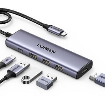 Ugreen Ugreen Hub USB-C v HDMI 1.4 / 3 x USB-A / USB-C PD 100W - siv