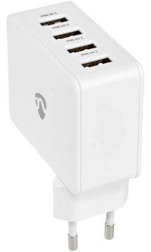 Nedis WCHAU481AWT- omrežni polnilnik | 24 W | funkcija hitrega polnjenja | 4x 2,4 A | 4 izhodi | 4x USB-A | Bela
