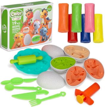 Mega Creative DINOZAVRI Plastelin za igro za otroke + dodatki, plastelin 6 barv, KOMPLET 19 elementov