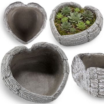 sarcia.eu CEMENTNI nagrobni lonec, srce z motivom kril, DEKORACIJA za grob, OKRASNA POSODA 23x23x12cm