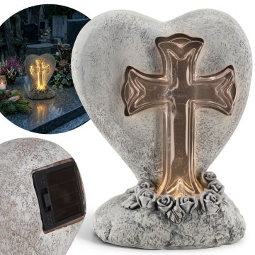 sarcia.eu Nagrobna figurica Kamniti solarni križ LED, nagrobna dekoracija, SRCE za spomenik 14x10x18 cm