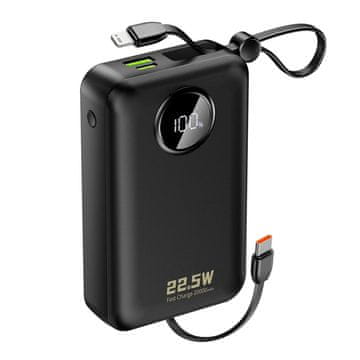 DUDAO Powerbank 20000 mAh USB-C/USB-A z vgrajenimi kabli iPhone Lightning–USB-C – črn