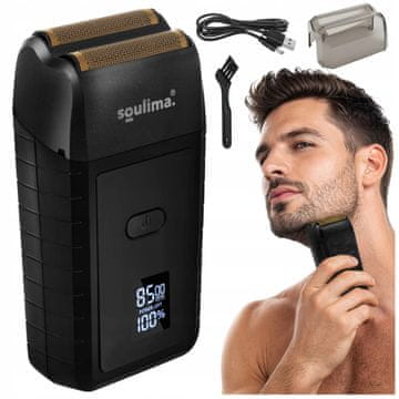 Soulima Moški aku. električni brivnik za obraz in brado USB LCD 2 rezili črn