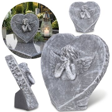 sarcia.eu Cementni okras, nagrobna figurica srce z ANGELČKOM, nagrobna dekoracija, ZA SPOMENIK 18x7,5x16cm