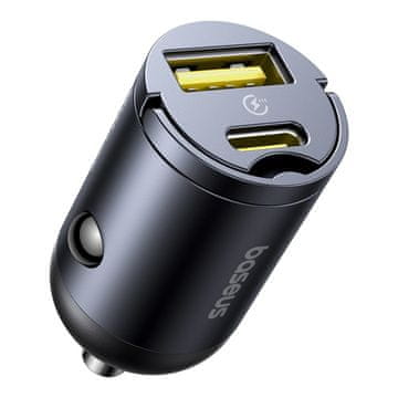BASEUS Avtomobilski polnilnik USB-A in USB-C, 30 W – črn