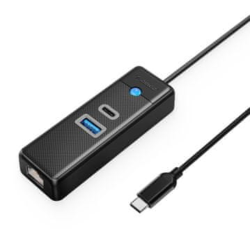 Orico 3-vratni USB-C razdelilnik – USB-A, USB-C, RJ45 Gigabit Ethernet, 0,15 m – črn