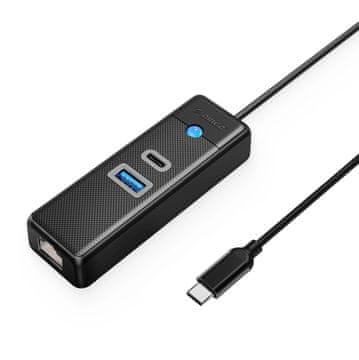 Orico 3-vratni USB-C razdelilnik – USB-A, USB-C, RJ45, 2,5G Ethernet, 0,5 m – črn