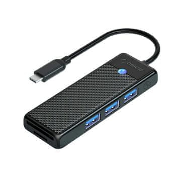 Orico 4-vtični USB-C – USB-A HUB adapter z bralnikom SD- in microSD-kartic, dolžina 0,15 m – črn