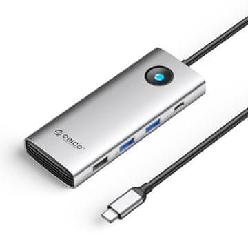 Orico HUB 8 v 1 USB-C – USB-A, USB-C, HDMI, VGA, RJ45, PD 100 W, 4K, 60 Hz, 1000 Mbps – srebrna