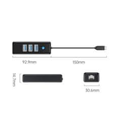 Orico 4-vtični USB-C – USB-A – RJ45 2,5G Ethernet razdelilnik (HUB) 0,15 m – črn
